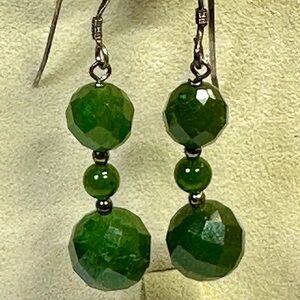 Nephrite Jade Faceted Beaded earrings 925 Sterling Silver Lot#480